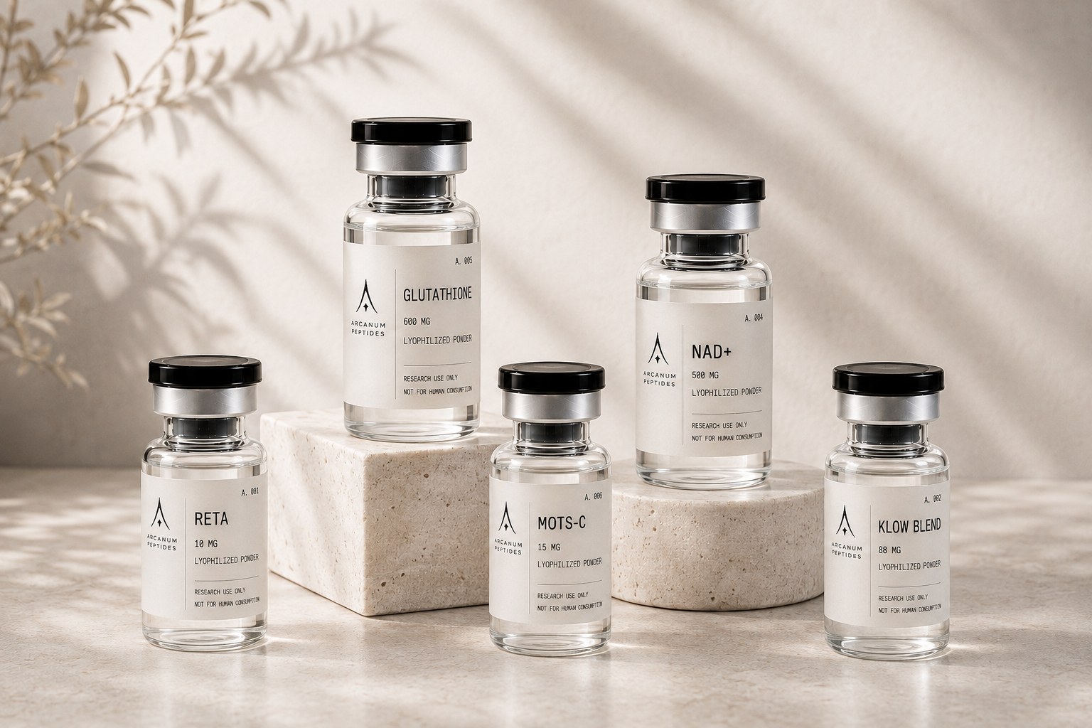Arcanum Peptides research vials — RETA, KLOW BLEND, MOTS-C, NAD+, and GLUTATHIONE, lyophilized powder for research use only